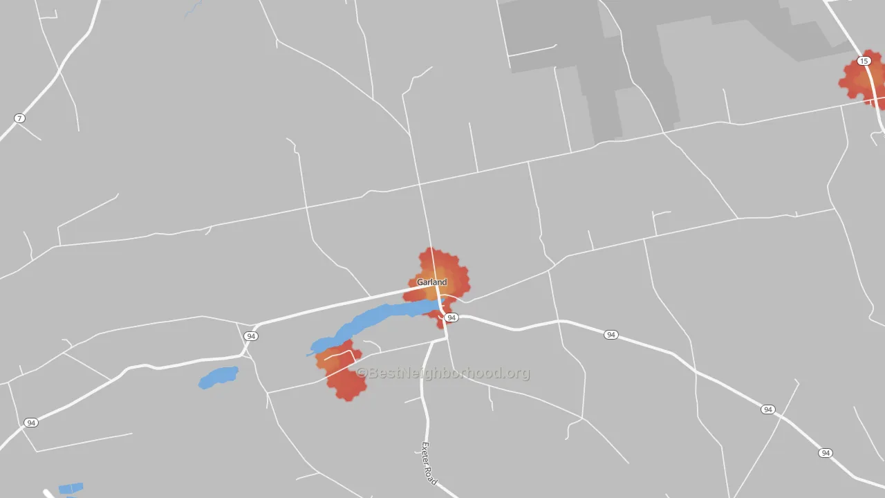 Walk Grade map of 04939, ME, walkable areas in green and car-dependent areas in red