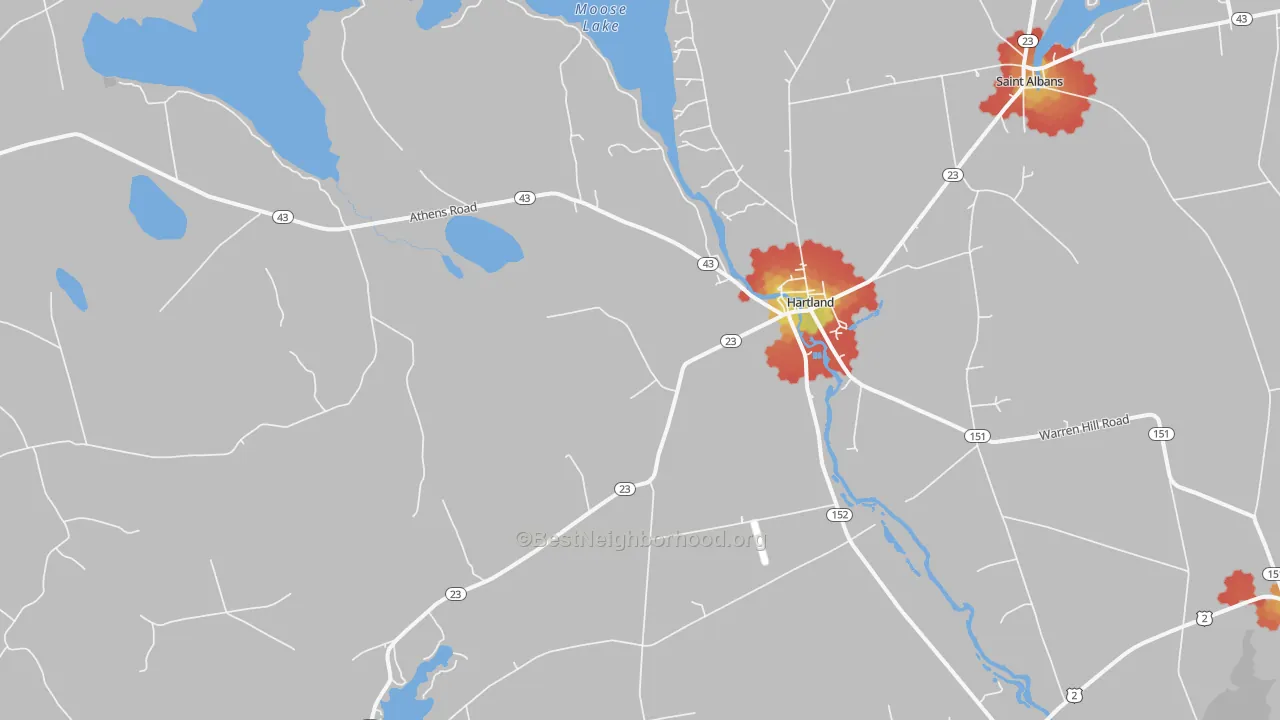Walk Grade map of 04943, ME, walkable areas in green and car-dependent areas in red