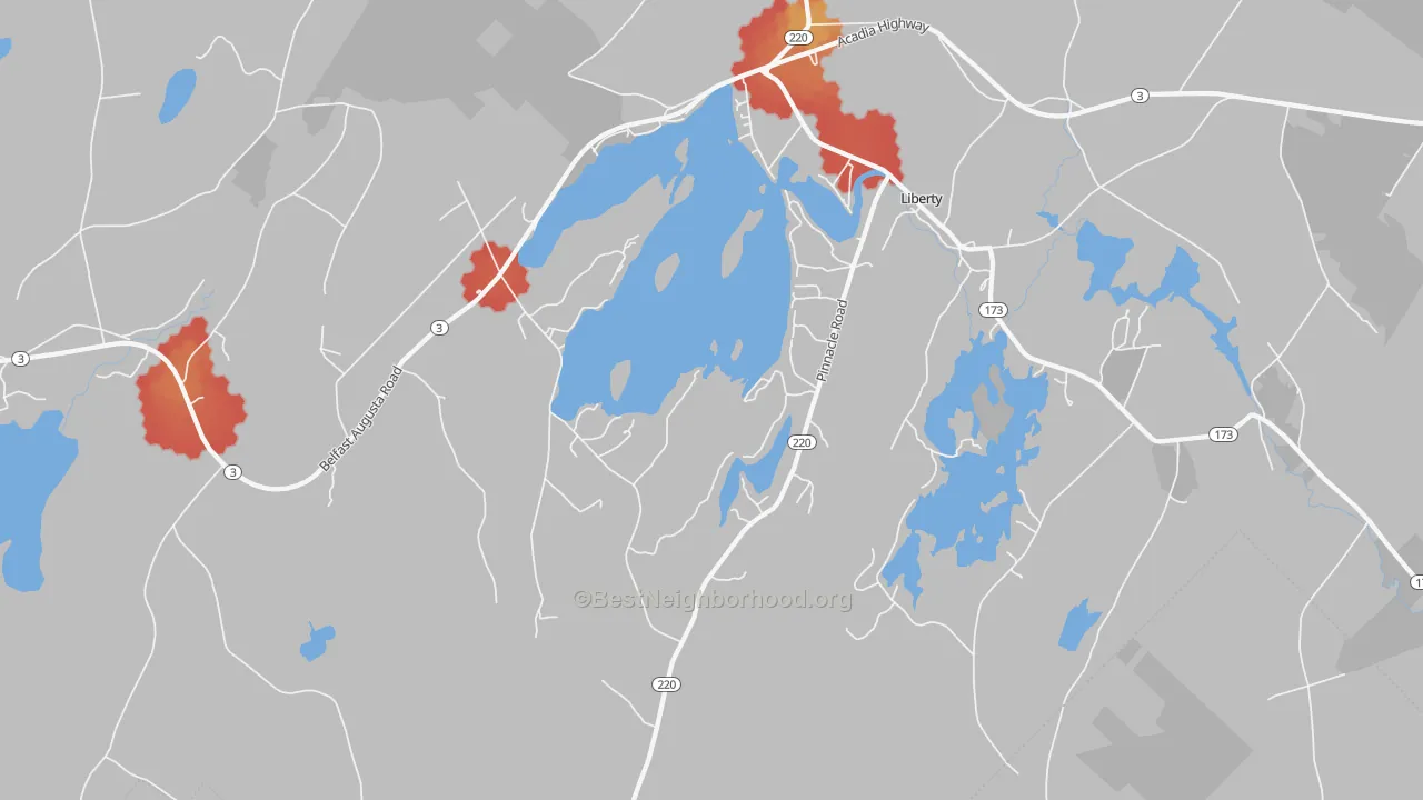 Walk Grade map of 04949, ME, walkable areas in green and car-dependent areas in red