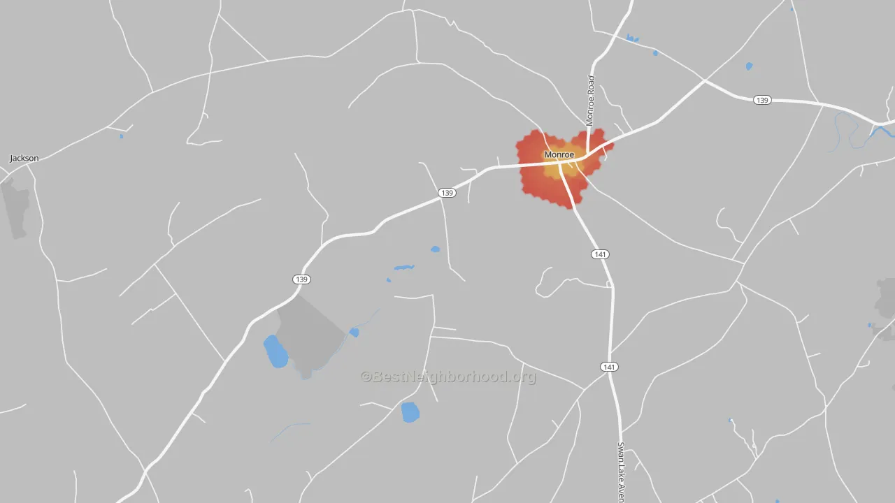 Walk Grade map of 04951, ME, walkable areas in green and car-dependent areas in red