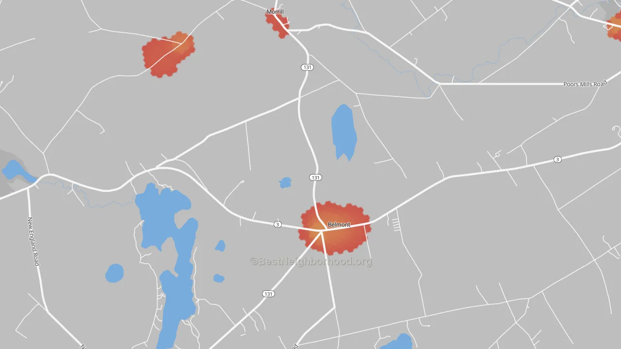 Walk Grade map of 04952, ME, walkable areas in green and car-dependent areas in red
