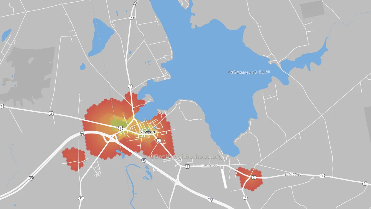 Walk Grade map of 04953, ME, walkable areas in green and car-dependent areas in red