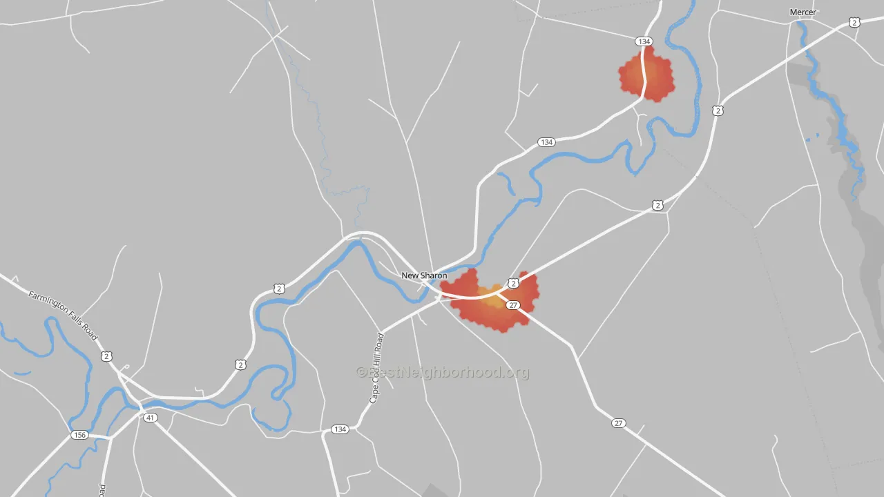 Walk Grade map of 04955, ME, walkable areas in green and car-dependent areas in red