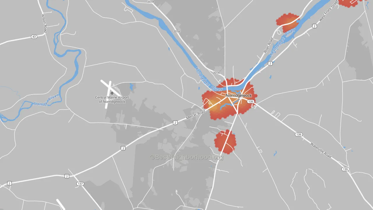 Walk Grade map of 04957, ME, walkable areas in green and car-dependent areas in red