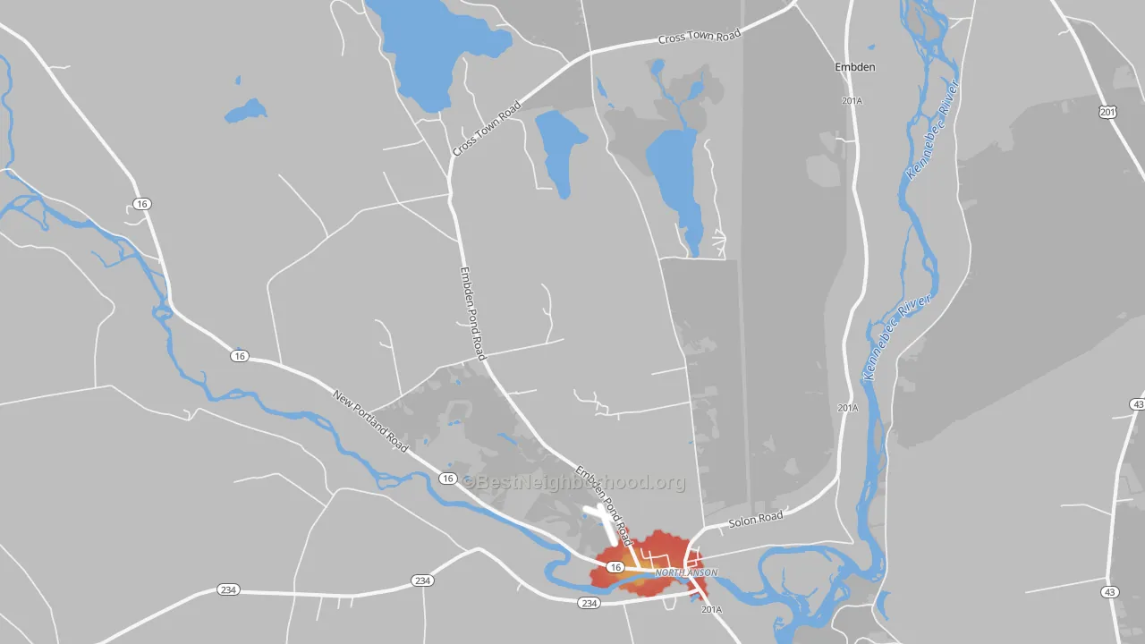 Walk Grade map of 04958, ME, walkable areas in green and car-dependent areas in red