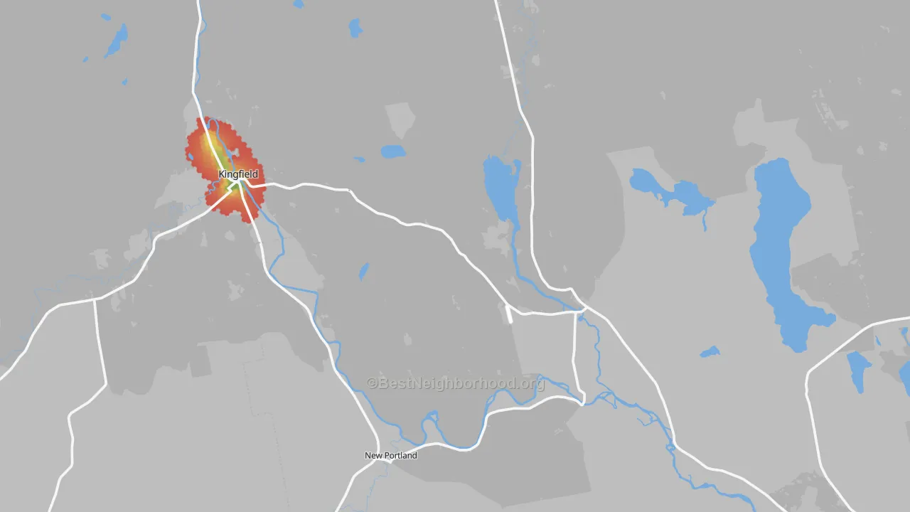 Walk Grade map of 04961, ME, walkable areas in green and car-dependent areas in red