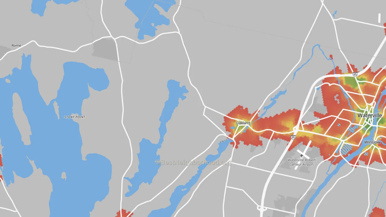 Walk Grade map of 04963, ME, walkable areas in green and car-dependent areas in red