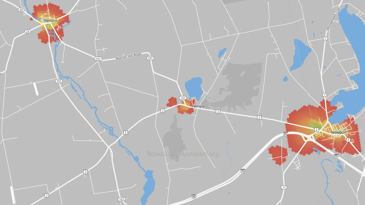 Walk Grade map of 04965, ME, walkable areas in green and car-dependent areas in red