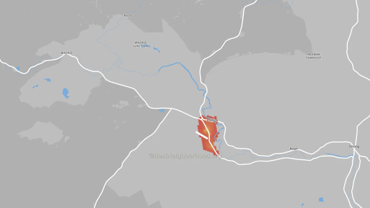 Walk Grade map of 04966, ME, walkable areas in green and car-dependent areas in red