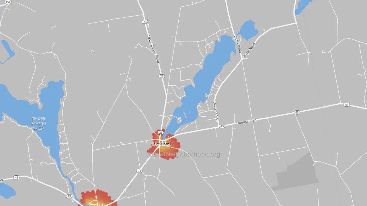 Walk Grade map of 04971, ME, walkable areas in green and car-dependent areas in red