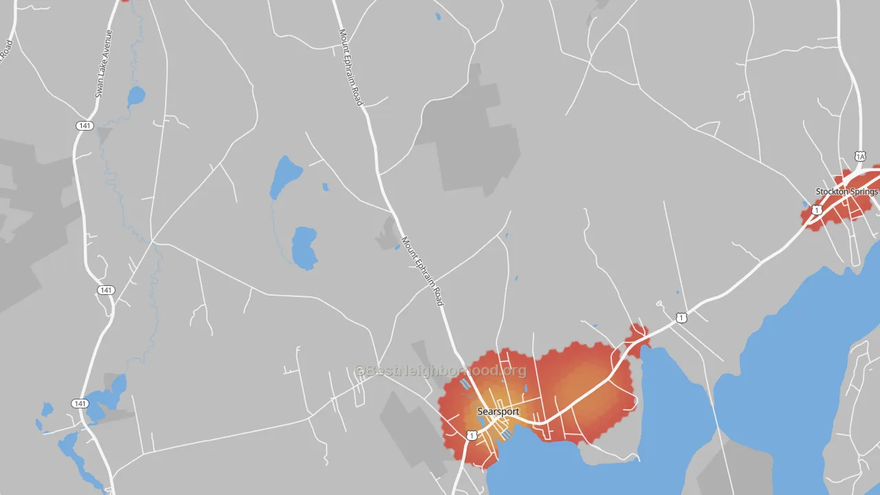 Walk Grade map of 04974, ME, walkable areas in green and car-dependent areas in red