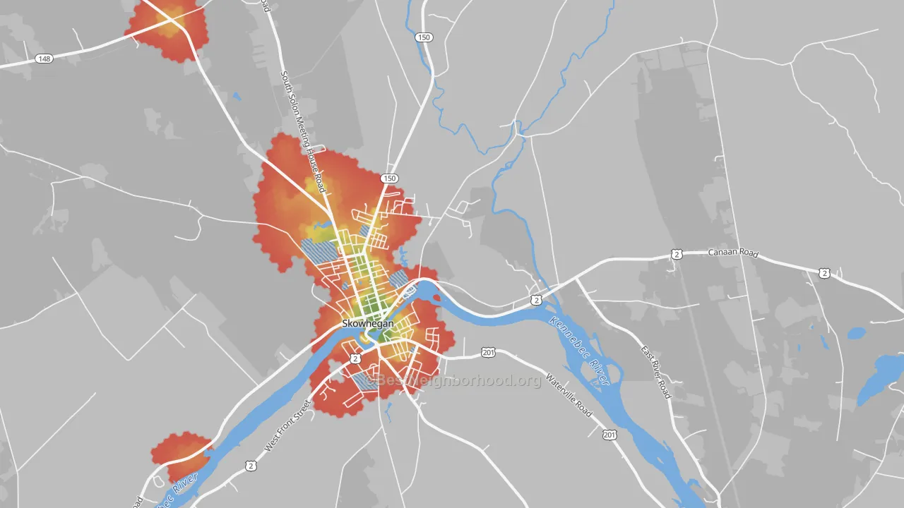 Walk Grade map of 04976, ME, walkable areas in green and car-dependent areas in red