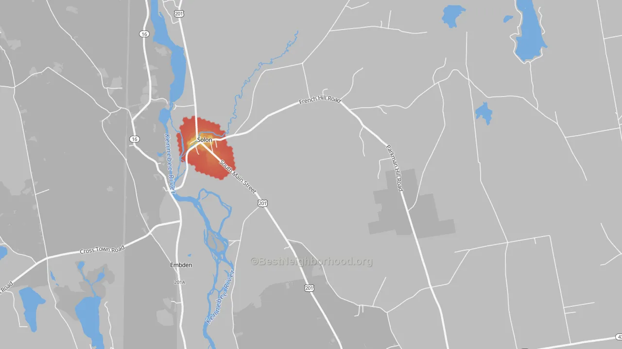Walk Grade map of 04979, ME, walkable areas in green and car-dependent areas in red