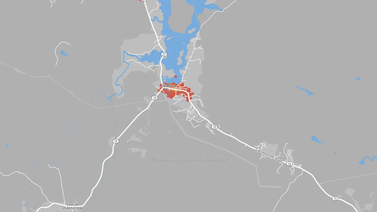 Walk Grade map of 04982, ME, walkable areas in green and car-dependent areas in red