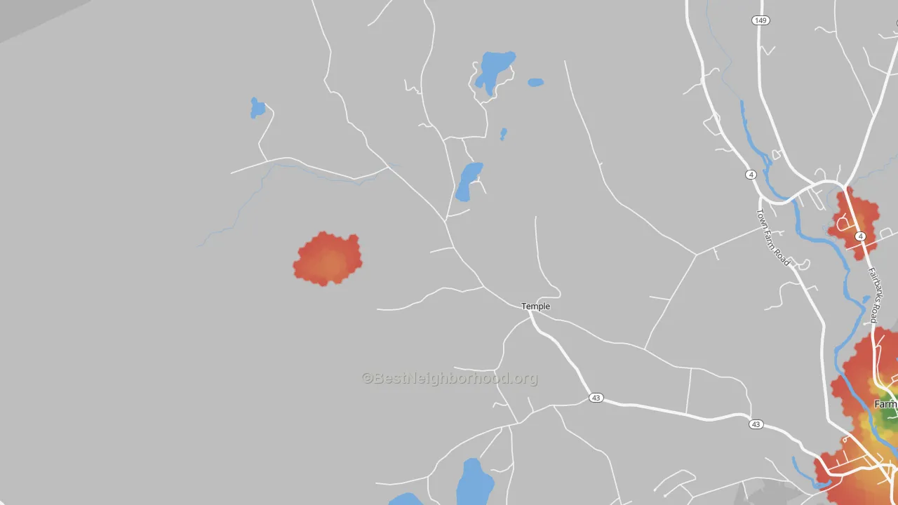 Walk Grade map of 04984, ME, walkable areas in green and car-dependent areas in red