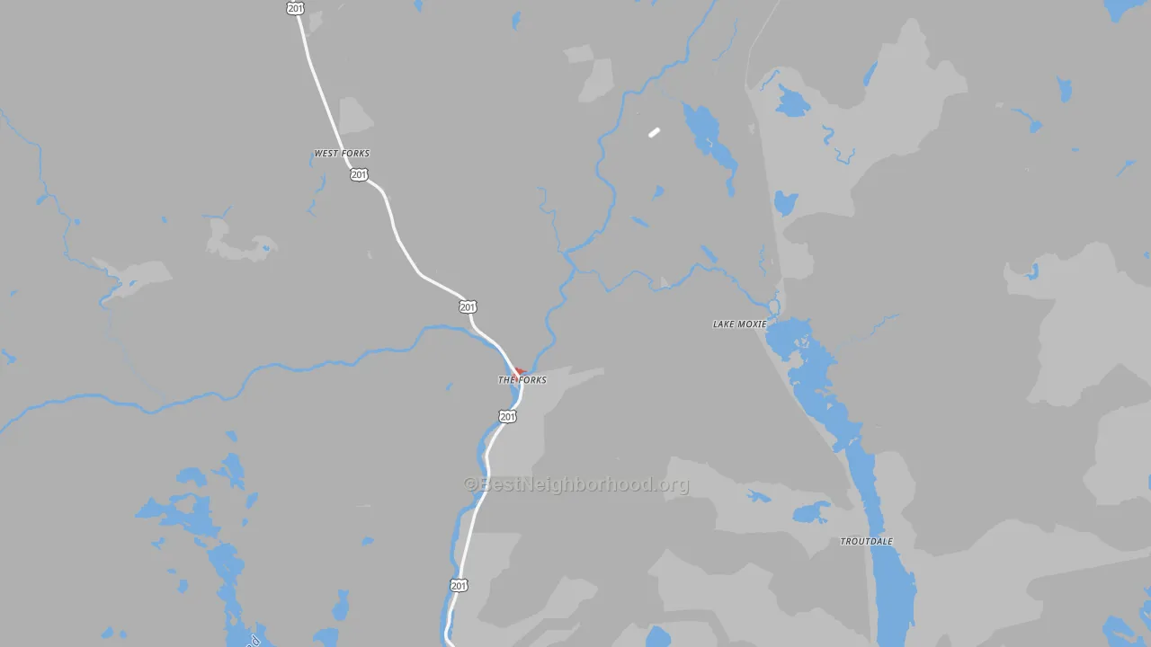 Walk Grade map of 04985, ME, walkable areas in green and car-dependent areas in red