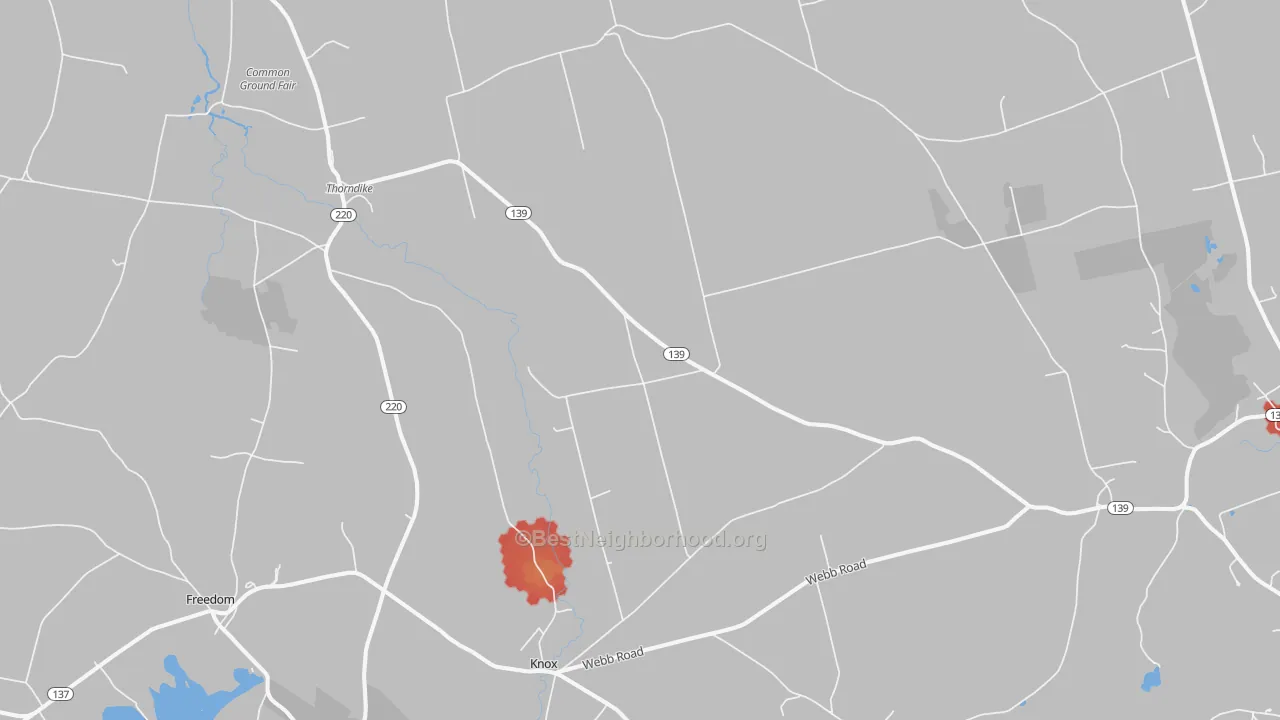 Walk Grade map of 04986, ME, walkable areas in green and car-dependent areas in red