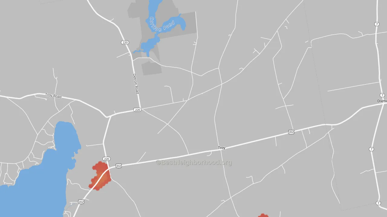 Walk Grade map of 04987, ME, walkable areas in green and car-dependent areas in red