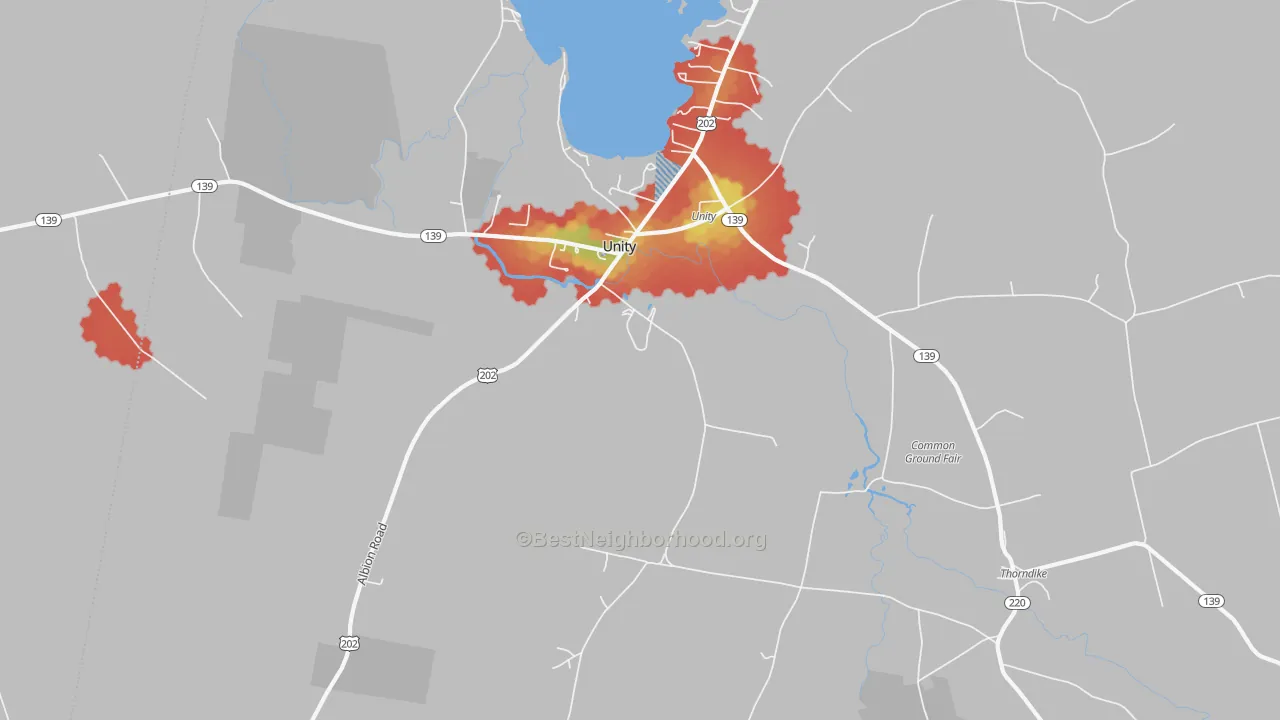Walk Grade map of 04988, ME, walkable areas in green and car-dependent areas in red