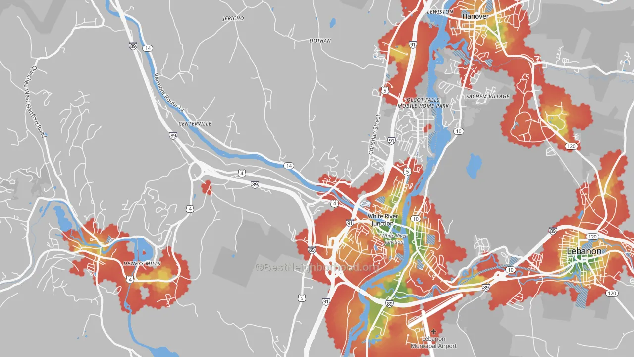 Walk Grade map of 05001, VT, walkable areas in green and car-dependent areas in red