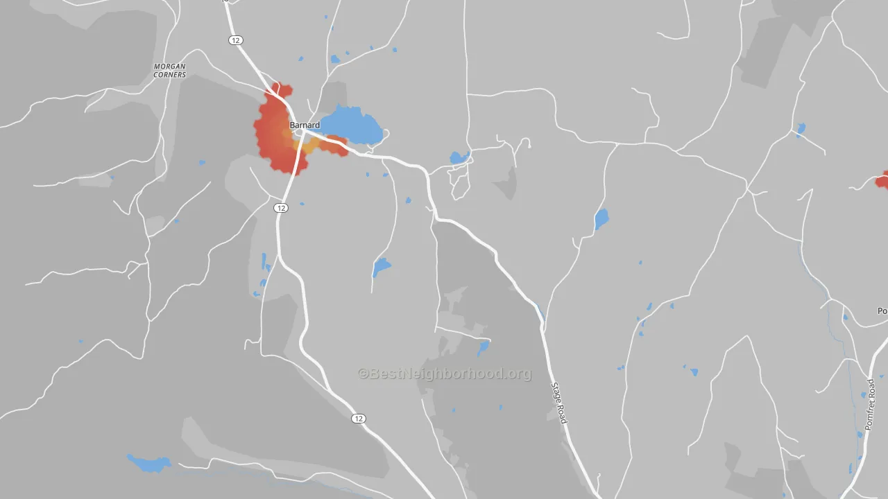 Walk Grade map of 05031, VT, walkable areas in green and car-dependent areas in red