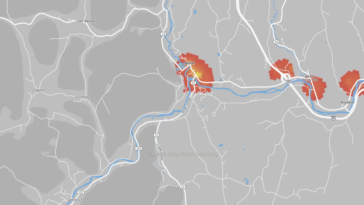 Walk Grade map of 05032, VT, walkable areas in green and car-dependent areas in red