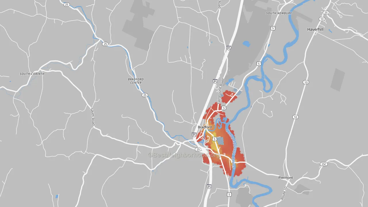 Walk Grade map of 05033, VT, walkable areas in green and car-dependent areas in red