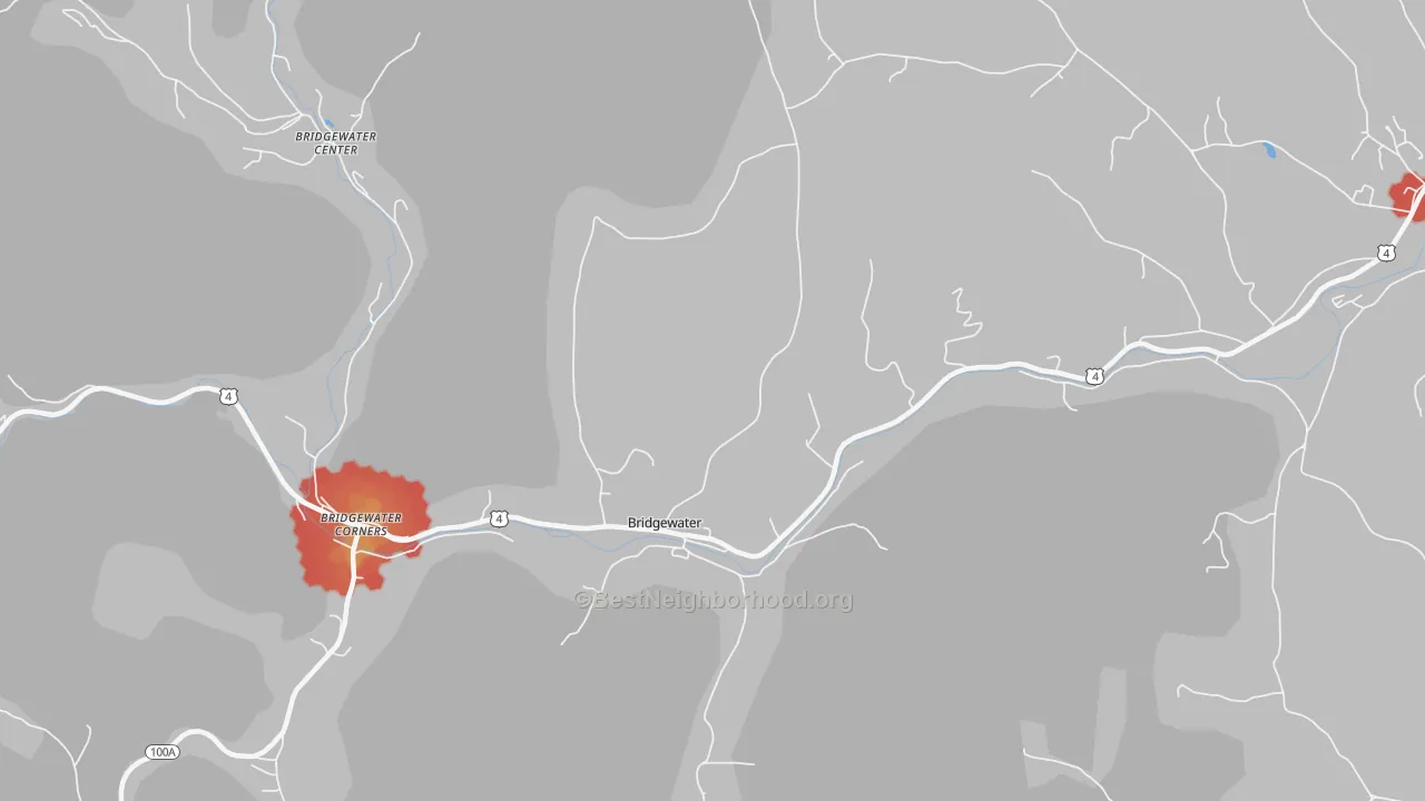 Walk Grade map of 05034, VT, walkable areas in green and car-dependent areas in red