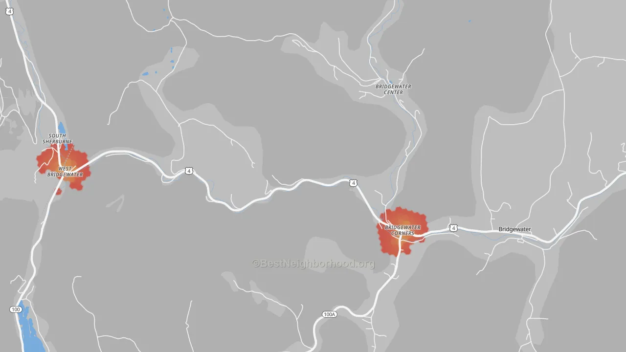 Walk Grade map of 05035, VT, walkable areas in green and car-dependent areas in red