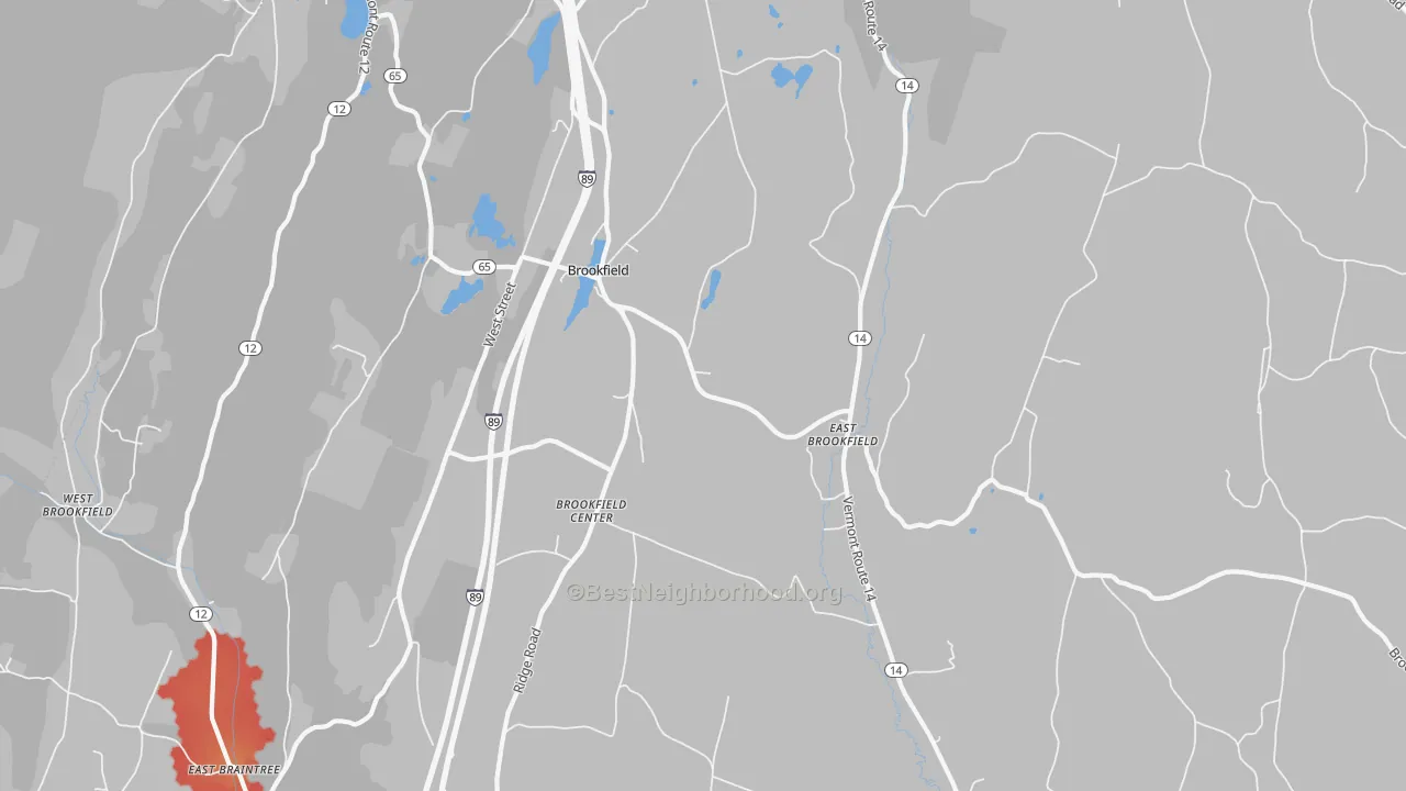 Walk Grade map of 05036, VT, walkable areas in green and car-dependent areas in red