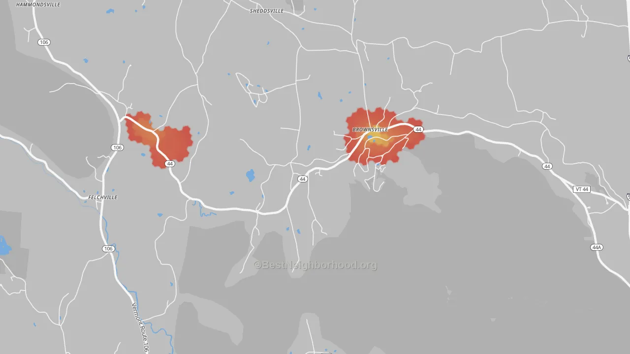 Walk Grade map of 05037, VT, walkable areas in green and car-dependent areas in red