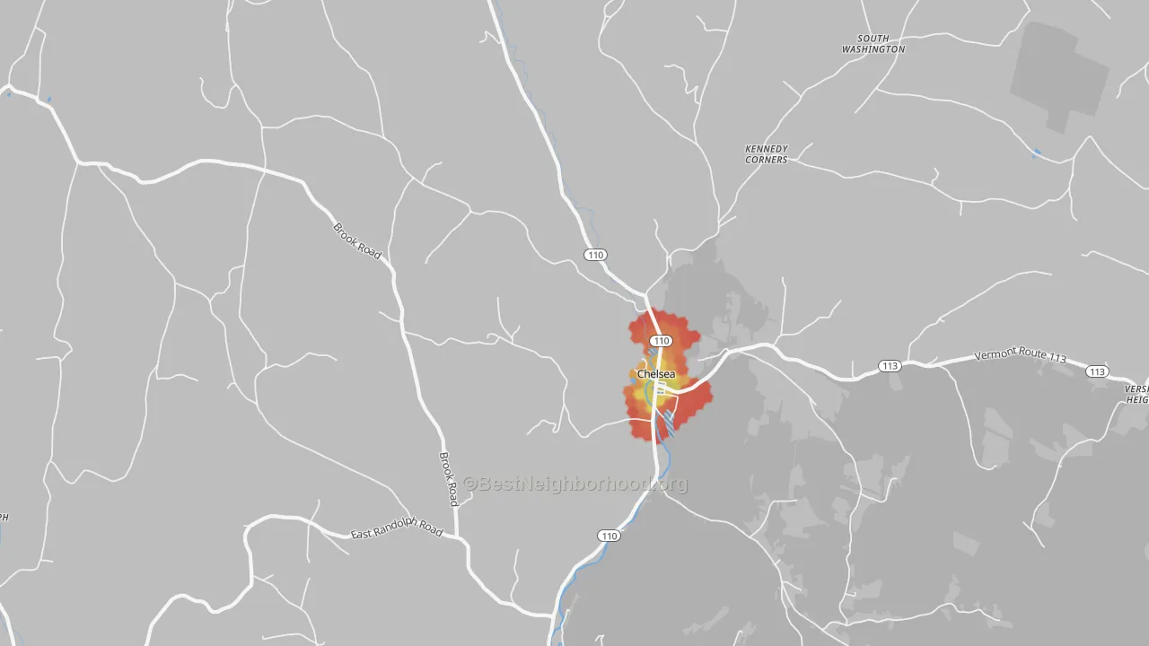 Walk Grade map of 05038, VT, walkable areas in green and car-dependent areas in red