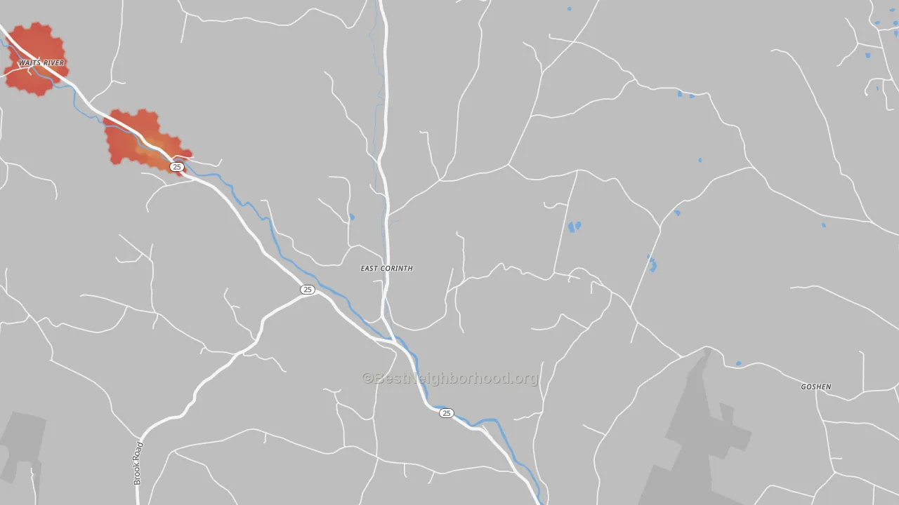Walk Grade map of 05040, VT, walkable areas in green and car-dependent areas in red