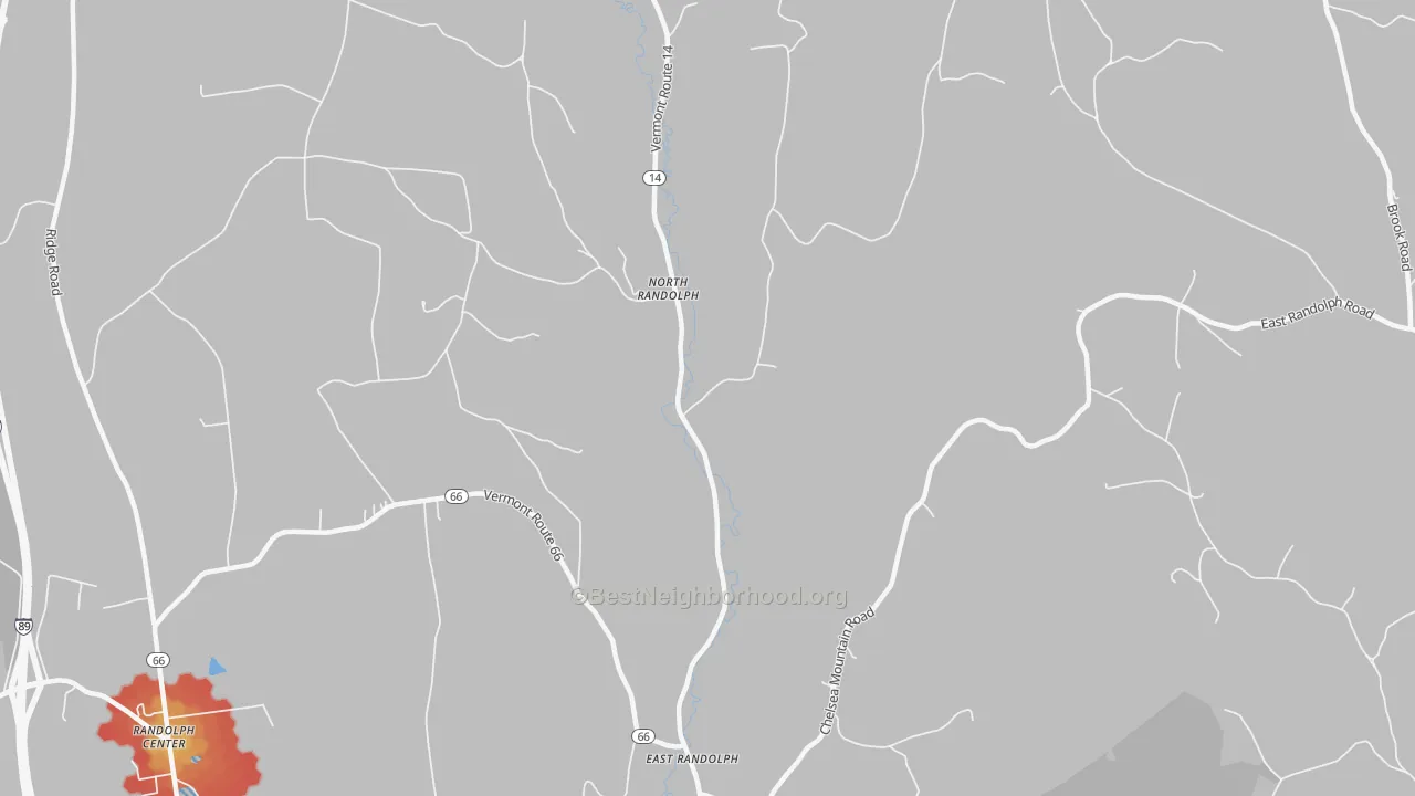 Walk Grade map of 05041, VT, walkable areas in green and car-dependent areas in red