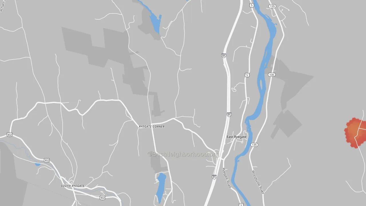 Walk Grade map of 05042, VT, walkable areas in green and car-dependent areas in red