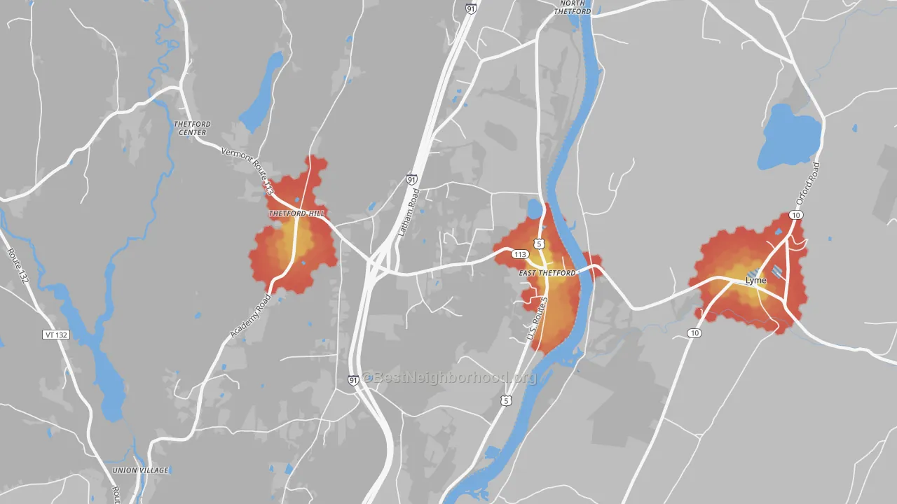 Walk Grade map of 05043, VT, walkable areas in green and car-dependent areas in red