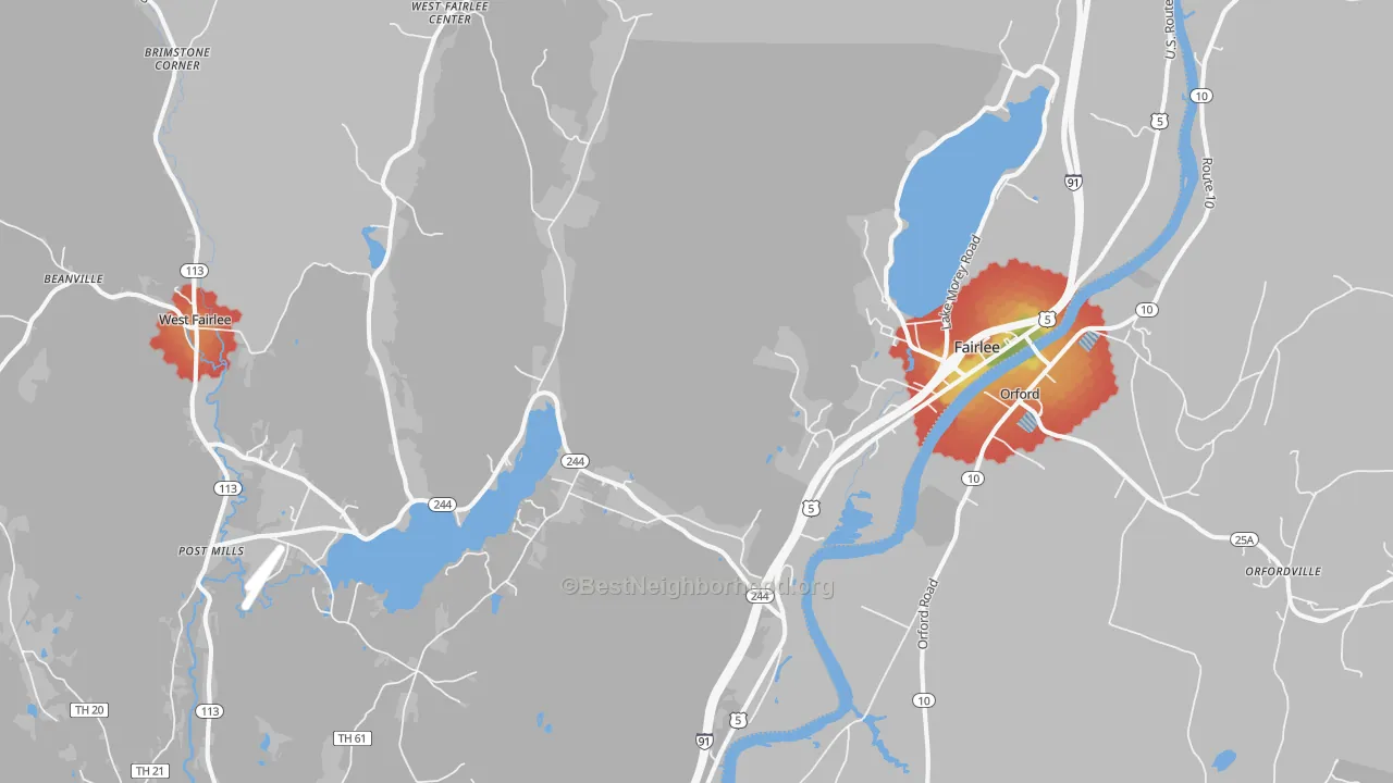 Walk Grade map of 05045, VT, walkable areas in green and car-dependent areas in red