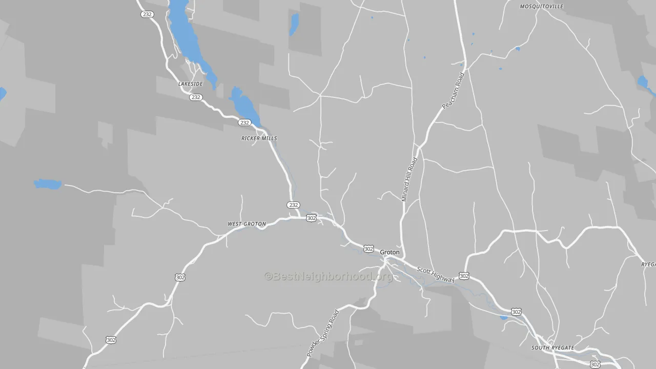 Walk Grade map of 05046, VT, walkable areas in green and car-dependent areas in red