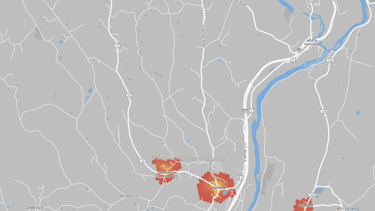 Walk Grade map of 05048, VT, walkable areas in green and car-dependent areas in red
