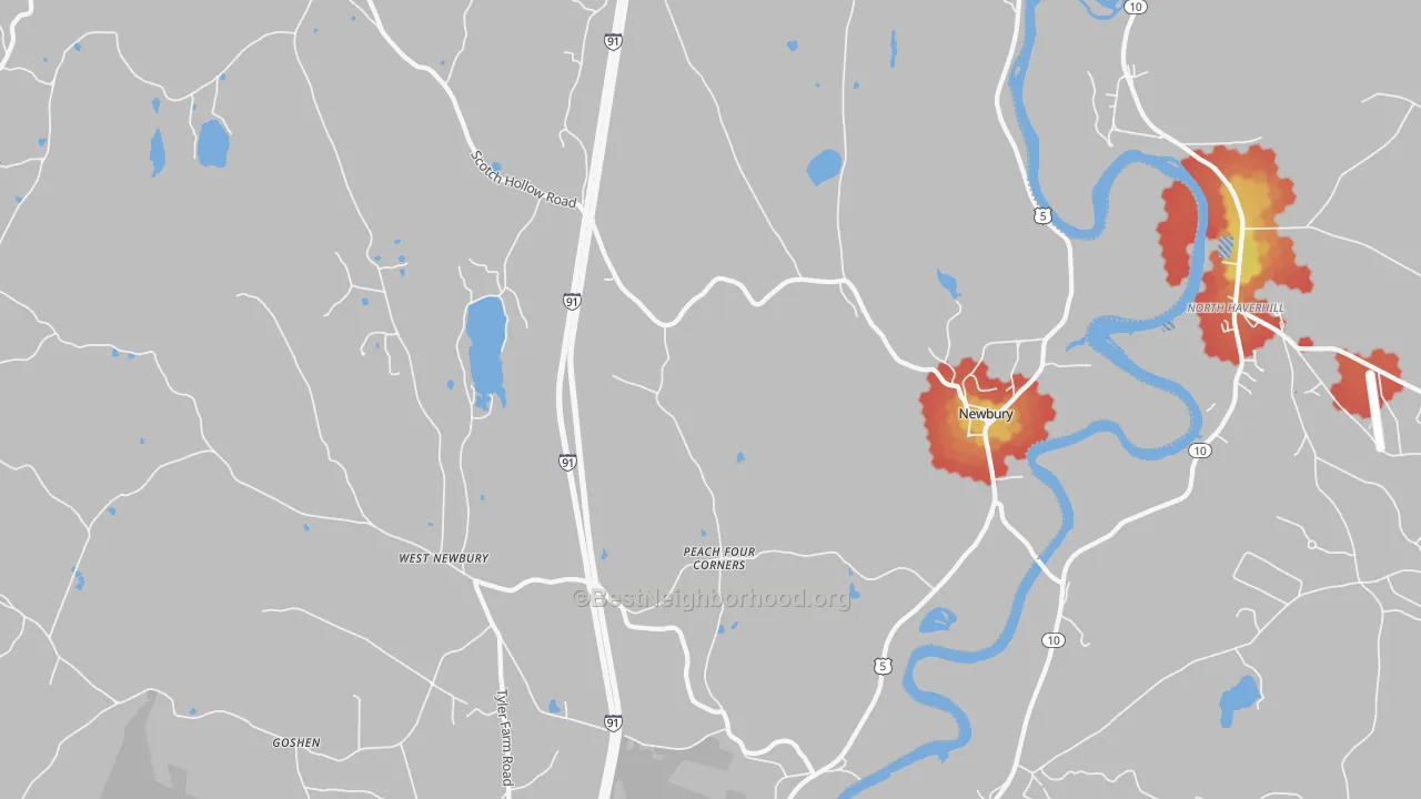 Walk Grade map of 05051, VT, walkable areas in green and car-dependent areas in red