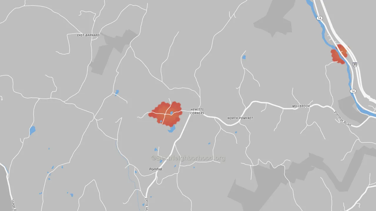 Walk Grade map of 05053, VT, walkable areas in green and car-dependent areas in red
