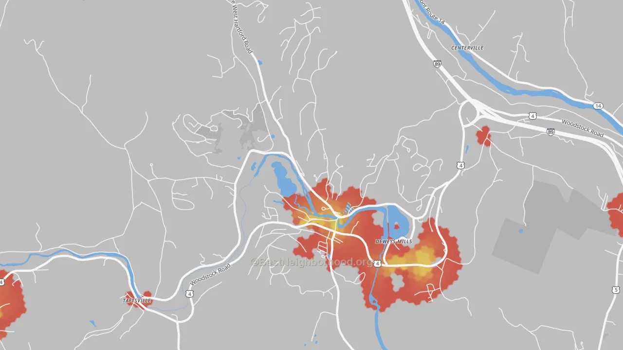 Walk Grade map of 05059, VT, walkable areas in green and car-dependent areas in red