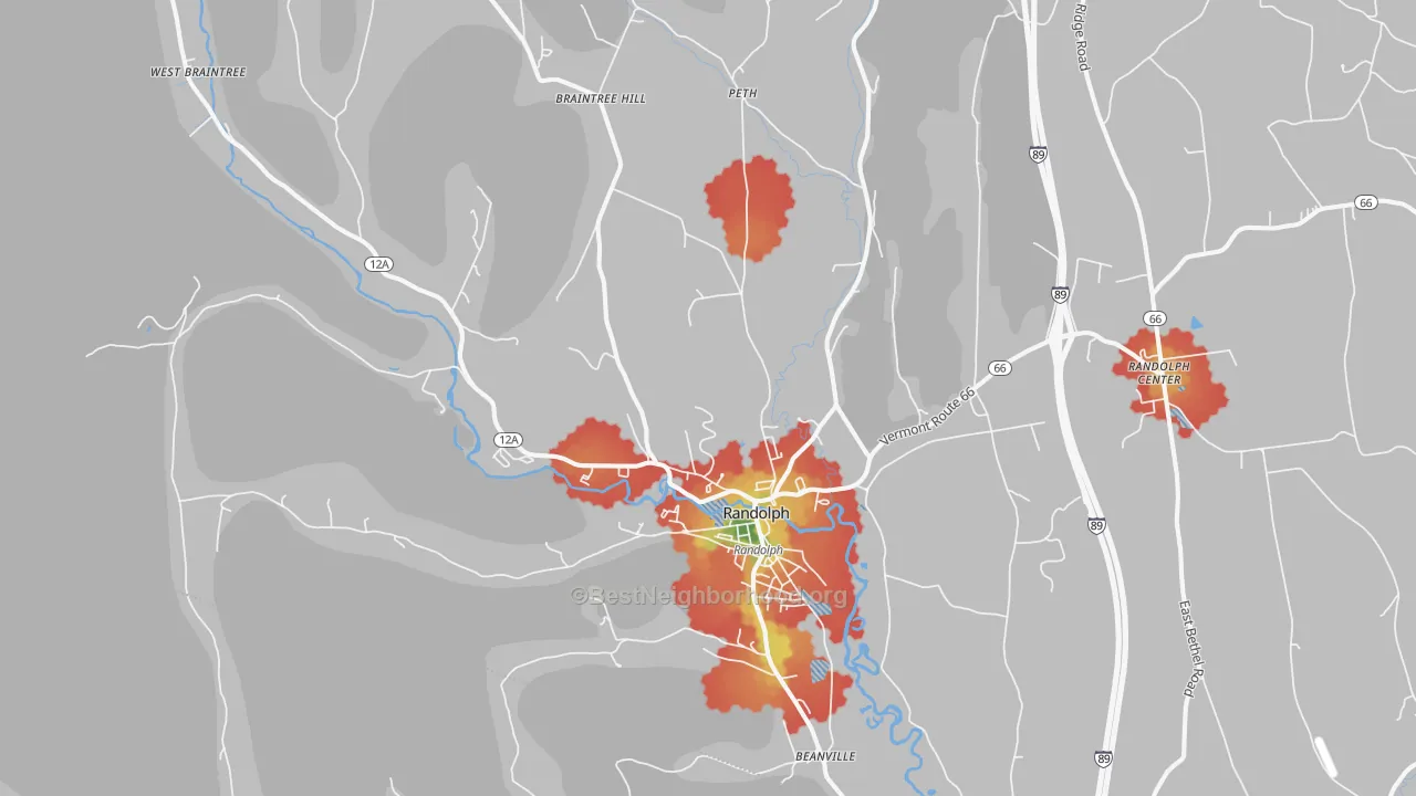 Walk Grade map of 05060, VT, walkable areas in green and car-dependent areas in red