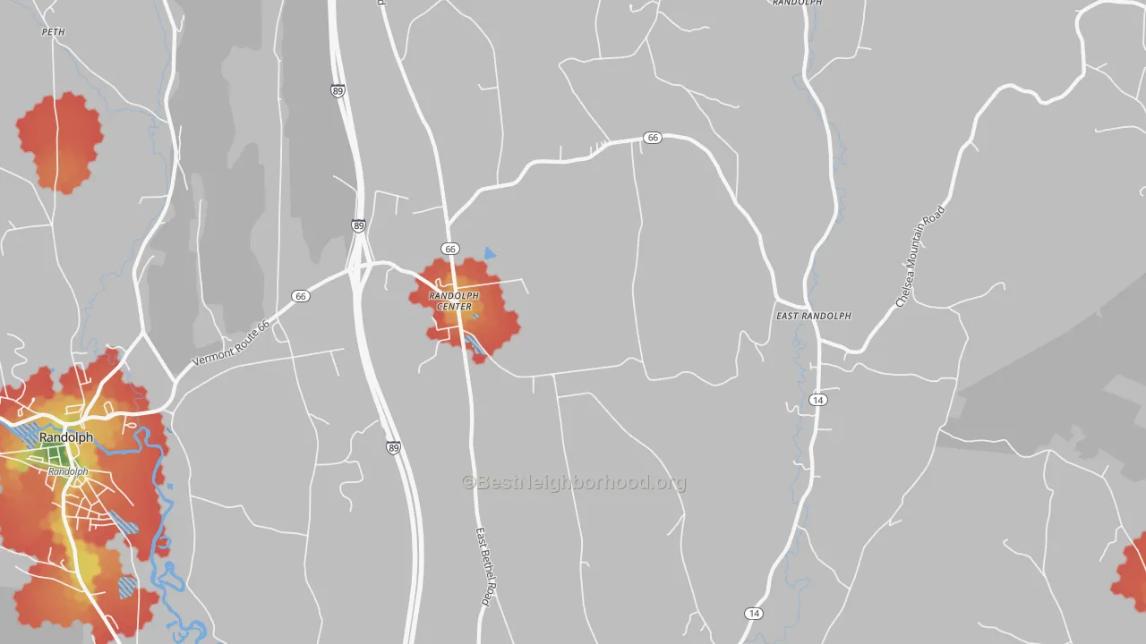 Walk Grade map of 05061, VT, walkable areas in green and car-dependent areas in red