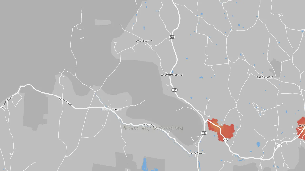 Walk Grade map of 05062, VT, walkable areas in green and car-dependent areas in red