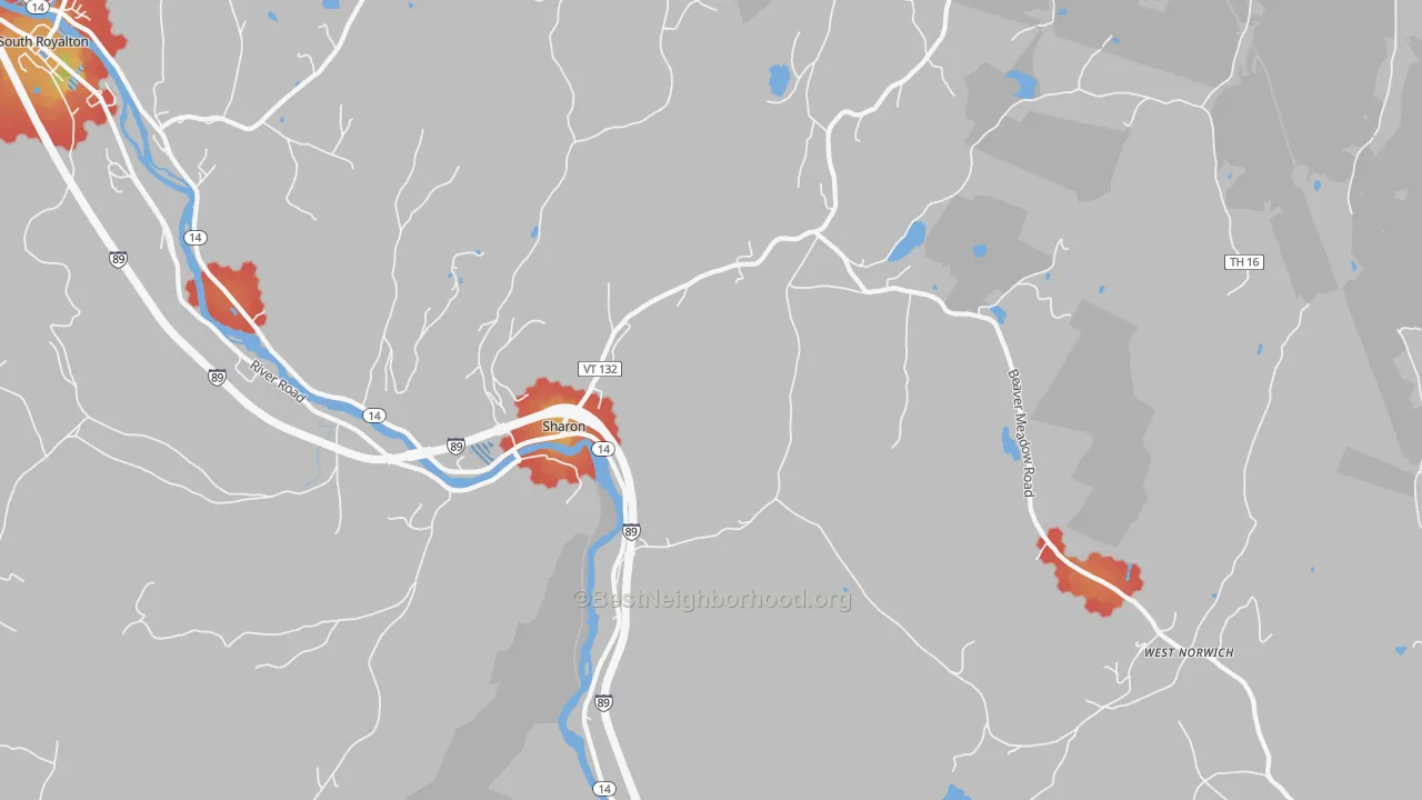 Walk Grade map of 05065, VT, walkable areas in green and car-dependent areas in red