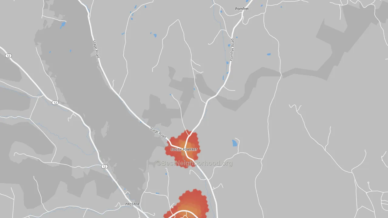 Walk Grade map of 05067, VT, walkable areas in green and car-dependent areas in red