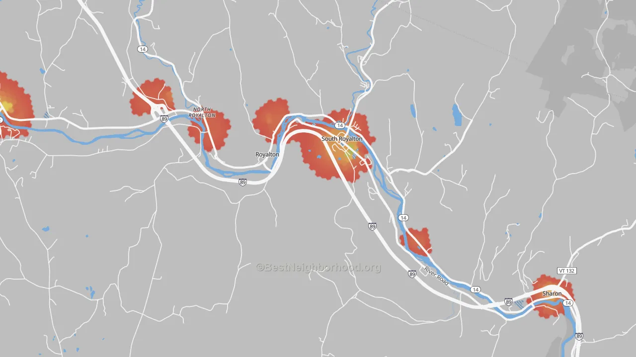 Walk Grade map of 05068, VT, walkable areas in green and car-dependent areas in red
