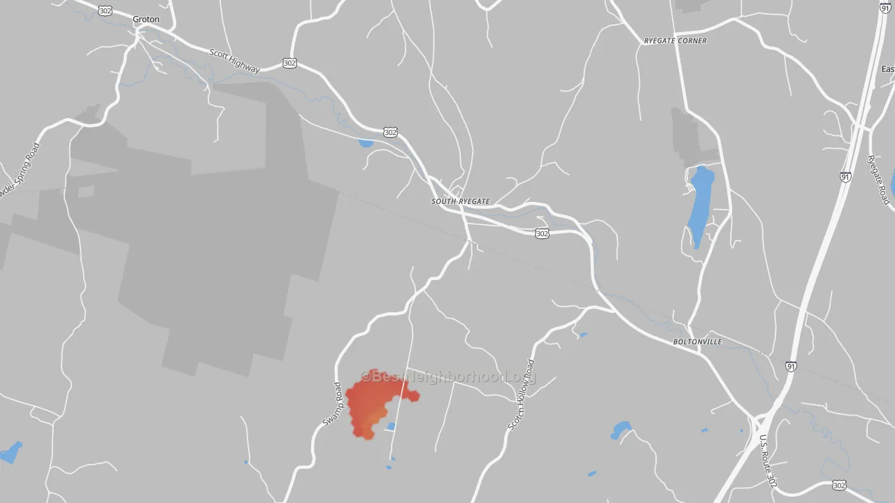 Walk Grade map of 05069, VT, walkable areas in green and car-dependent areas in red