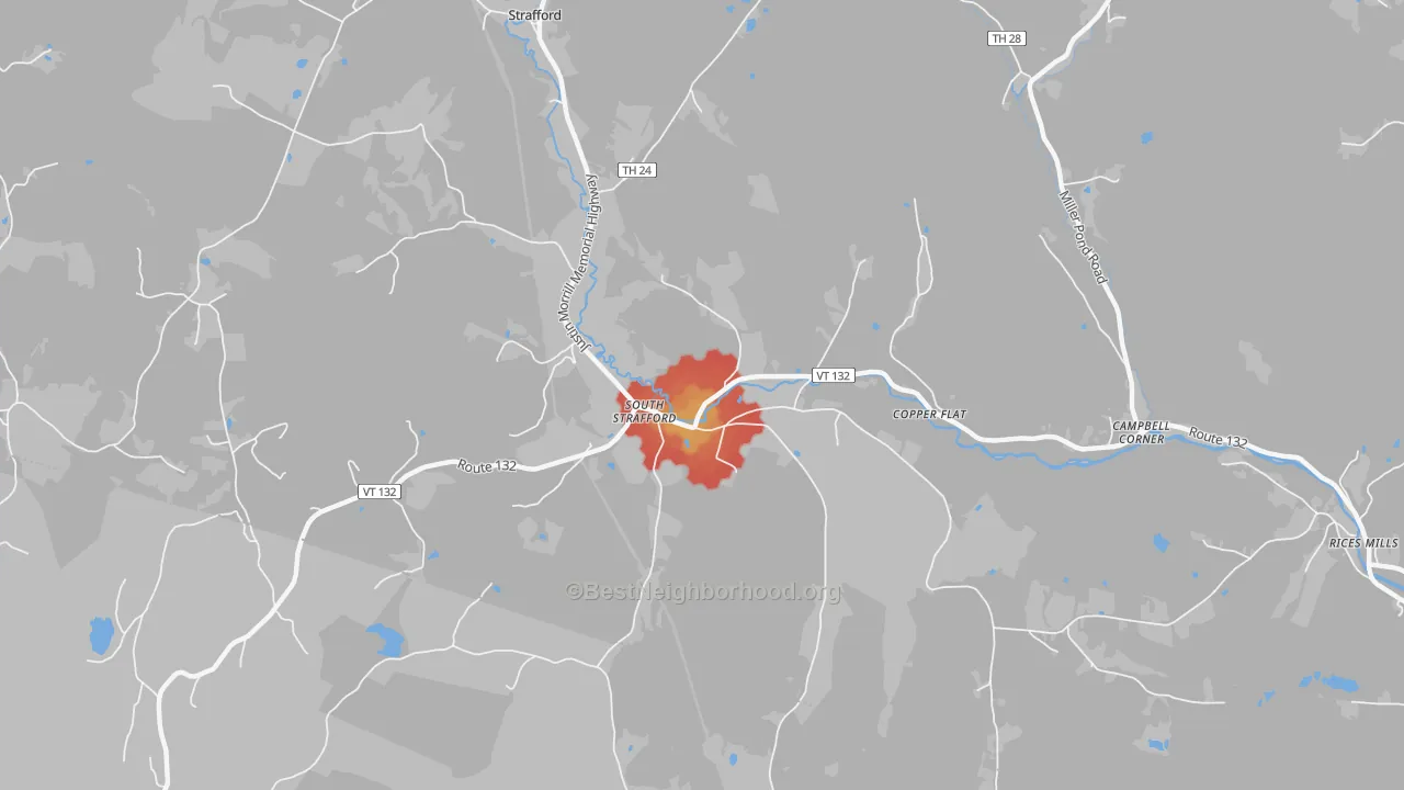 Walk Grade map of 05070, VT, walkable areas in green and car-dependent areas in red